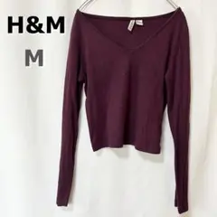 H&M ショート丈 長袖 ニットソー Vネック ワインレッド Mのサムネイル