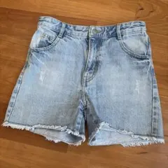 ライトブルー フリンジ裾 ハーフパンツ