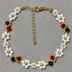 ブレスレット ハンドメイド 花 フラワー ガラスビーズ クリスマス 白 赤 緑