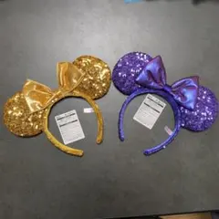 ミニー　スパンコール　カチューシャ　2個セット紫色　金色　リボン　ディズニー