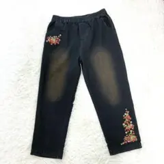 【LL】花柄刺繍 デニムパンツ 7分丈 ウエストゴム ストレッチ ジーンズ