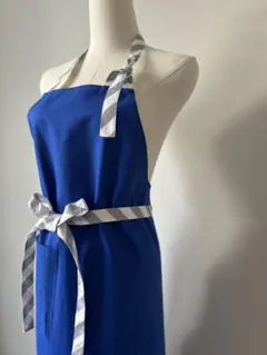 リネンエプロン　ロイヤルブルー　シンプル　ロング　ストライプ　ギフト　おしゃれ