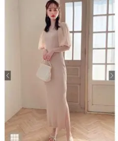 グレイル　GRL ベージュ リブ編み パフスリーブ ロングワンピース ニット