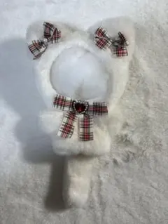 ネコ耳 ぬい服 ホワイト×赤チェッククリスマス 着ぐるみ 10~12cm