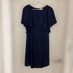 ネイビーフリル袖Aラインパーティードレス