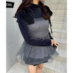 NICE CLAUP肩リボンチュールビスチェ グレー