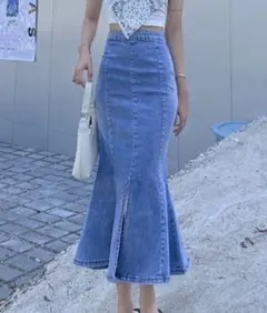 by muni:r デニムフレアスカート 前面ファスナー