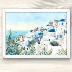 A4 サントリーニ島の青と白の街並み 風景アート インテリアポスター 水彩画