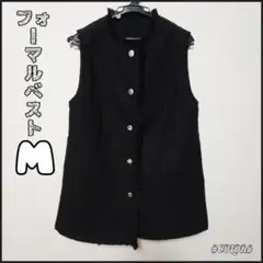 【ツイード調ジレ】黒 フリンジ付 上品 丈長め Aライン 入学式 オフィス Mのサムネイル