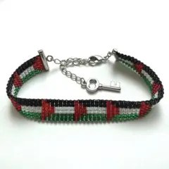 【連帯アイテム】パレスチナ国旗　ビーズ織り幅広ブレスレット(鍵ver.)