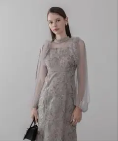 【LEJA】フラワースパンコールチュールフリルロングスリーブマーメイドワンピース