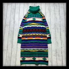 【VINTAGE☆総柄ニットチュニック☆膝丈】3D☆マルチカラー☆レディース9号