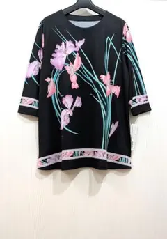 新品お花柄お好きな方へ黒地パープル花レオナール風チュニックLL涼感素材④のサムネイル