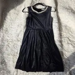 ベロア 千鳥柄【S】パールネックレス 千鳥格子 ミニワンピース 黒f206