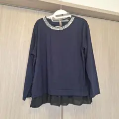 ビジュー付きネイビー長袖トップス　3L