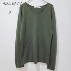アズールベーシック 長袖ニット S グリーン 薄手 シンプル アクリル Vネック