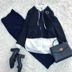 ママスーツ　セレモニー　入園　入園　卒園　卒業　七五三　紺　ツイード　パンツ　M