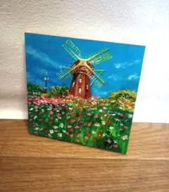 風景画 自作 「コスモスに迎えられて」ミニ絵画 約10cm x 10cm 1点物
