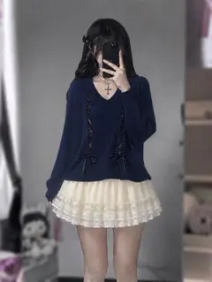 姫ギャル レース切替 リボンニット ネイビー y2k フェアリーグランジ