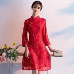 【新品・未使用】赤＆ゴールドレース　チャイナドレスパーティワンピース