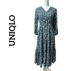 UNIQLO ユニクロ 小花柄 ウエストリボン Ｖネックロングワンピース　M