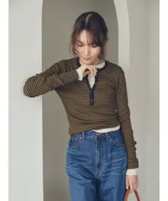 Mila owen ヘンリーネックシアーリブニットプルオーバー
