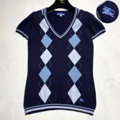 美品✨バーバリーブルーレーベル 半袖ニット アーガイル柄 ネイビー 38 M