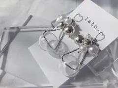 No.58 ガラス　ニュアンス　パール　シルバー　ピアス　チェーン　韓国