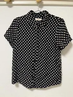 【ブラウニー】ドット柄 半袖シャツ 前開き ボタンアップ カジュアル 黒 白 F