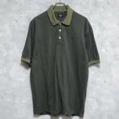DOCKERSドッカーズ 半袖ポロシャツ 刺繍ロゴ ストライプ カーキ M古着のサムネイル