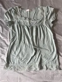 ミントグリーン 半袖 Tシャツ Mサイズ レース装飾