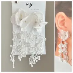 【再販】シフォンフラワー ホワイト ブライダル ピアス イヤリング ハンドメイド