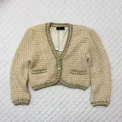 vintage ニットジャケット ツイード調 金ボタン ノーカラー ベージュ