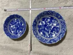 昭和レトロ　椿　青い花柄　陶器　お皿　2点セット
