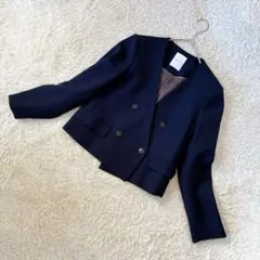 SLOBE IENA ノーカラー テーラードジャケット ネイビーM ダブル 短丈