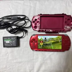 美品Sony PSP 3000本体 レッド 和彩美 鋼装飾カバー[流水に桜]