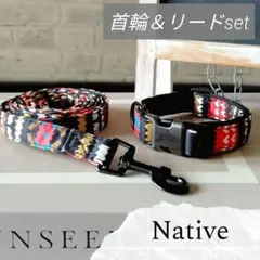 【ネイティブ柄】ドッグ用 首輪＆リード☆ 赤 小型犬 中型犬 散歩 犬の首輪