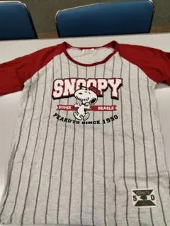 PEANUTS スヌーピーベースボールラグランTシャツ レッド グレーストライプ