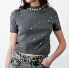 ZARA グレー 半袖ニット Sサイズ パール装飾
