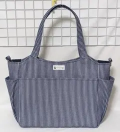 ヒッコリー カラーデニム・ネイビー・サイドポケット付きトートバッグW