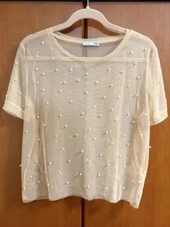 ZARA トップス 半袖 L ベージュ ピンク パール チュール シアーのサムネイル