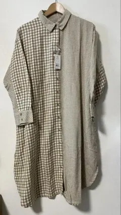 ベージュ チェック柄 シャツワンピース M〜L