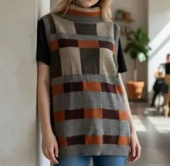 美品 エクラ ニットベスト M~L グレーチェック柄 ノースリーブ