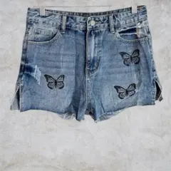 【M】バタフライ柄 デニムショートパンツ 美脚 ハイウエスト 切りっぱなし 蝶々