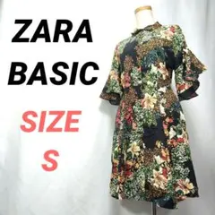 ZARA BASIC　ザラ　花柄シャツワンピース　黒　S　ティアードスリーブ
