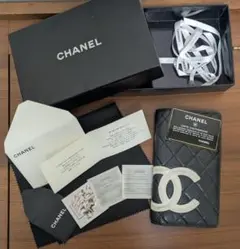 【黒×白ロゴ×内側ピンク】CHANEL カンボンライン 長財布