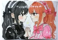 手描きイラスト アナログ 創作 百合 原画 オリジナル A5 『2人だけの世界』