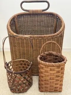 ラタン籠、竹材籠の3点セット　インテリア　ラタン　自然素材　花器　レトロ