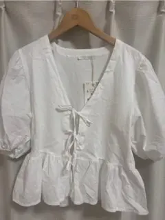 ZARA ホワイト フロントリボン 半袖ブラウス