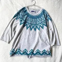 【フィクチュール】ラグランTシャツ 7分袖 求心柄 ノルウェー裾袖口カットオフM